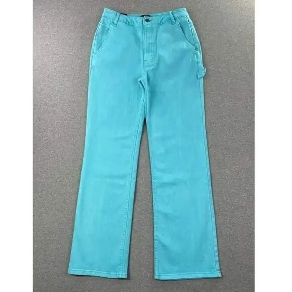 AFRM Jeans Women 30 Teal Blue Fez High Rise Utility Straight Carpenter Denim NWT